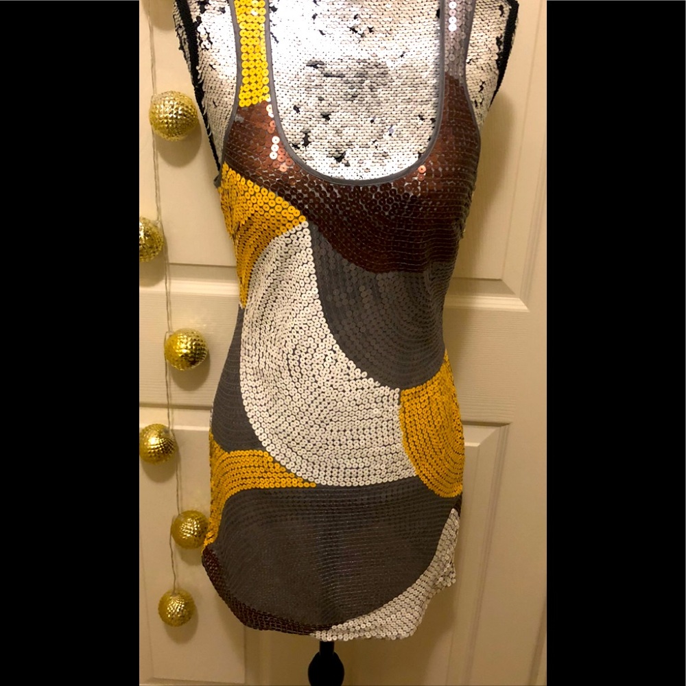 MINI DRESS 60’s Retro Inspired SEQUINS in Yellow White Brown Silver